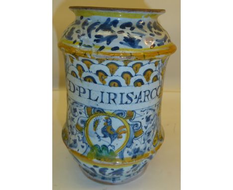 An Italian Maiolica Albarello inscribed in blue "Pliris Arco" above a painted cockerel within a floral surround.  5 1/2" (14c