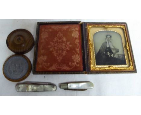 A Victorian Portrait Photograph in a folding leather case; an oak Box made from the timbers of Selby Abbey in 1906; a silver 