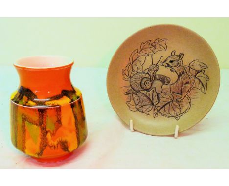 A Poole Pottery Vase decorated in the Delphis pattern, 4" (10cms) high, and a Poole Pottery Saucer Dish.