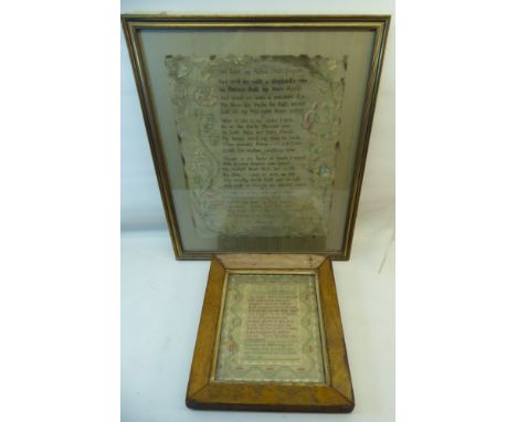 An 18th Century Needlework Panel of the Lords Prayer by Phillis Page,  21st September 1736.  7" (18cms) x 6" (15cms) and an 1