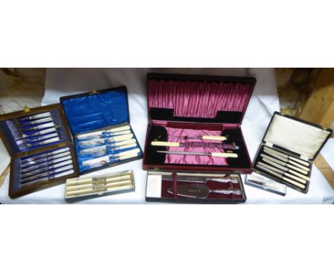 A set of six plated Dessert Knives and Forks with mother-of-pearl handles, boxed, and other boxes of plated Cutlery.