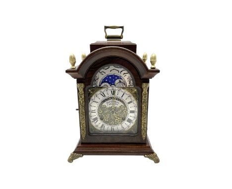  20th century miniature 8-day bracket clock - in a mahogany case with carrying handle, etched brass dial with a silvered chap