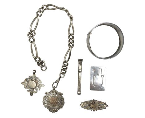 Silver Albert watch chain L30cm two fobs, silver bookmark, brooch, silver bangle and propelling pencil 4oz