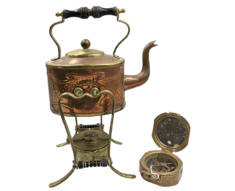 Art Nouveau brass and copper kettle with spirit burner, with stylized embossed decoration H31cm, together with a reproduction