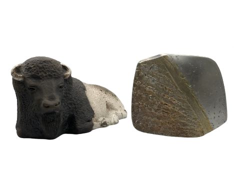 Raku pottery model of a Bison, together with a  Helgi Joensen of Norway Tinn Pewter vase, H14.5cm