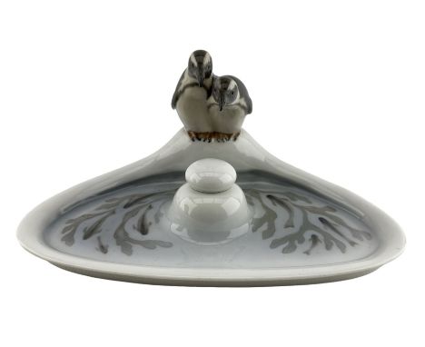 Royal Copenhagen inkstand designed by Olaf Mathiesen (1878-1953), circa 1921, of oval design with two penguins perched on the