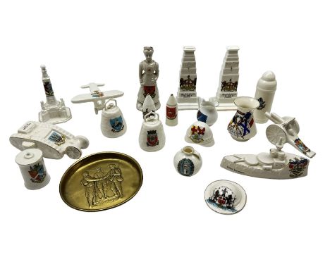 Quantity of WWI crested ware including two cenotaphs, H.M.S. Humber, British tank, aeroplane, nurse etc by Willow Art, Carlto