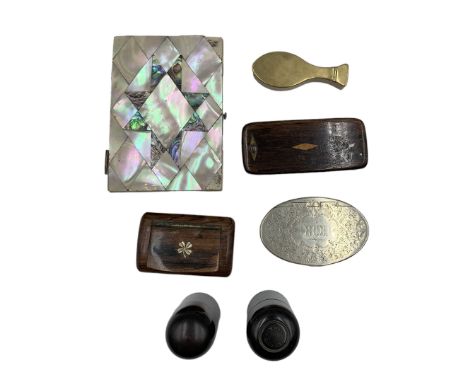 Victorian mother-of-pearl card case, with concertina fitted interior, 19th century oval silver-plated snuff box, fish shaped 