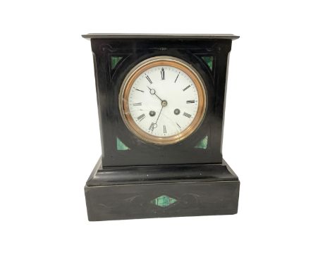 French - 8-day slate mantle clock in a Belgium slate case inlaid with malachite, flat top case on a rectangular plinth, white