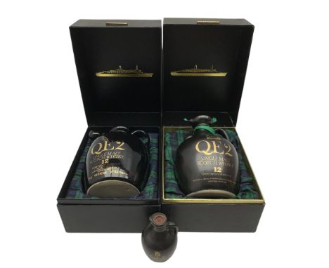 Q.E.2 single malt Scotch whisky, over twelve years old, bottled by Beinn Bhuidhe Holdings for Cunard in black ceramic flagon 