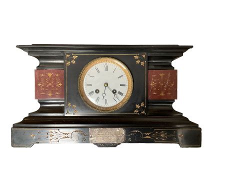 French - Late 19th century Belgium slate 8-day mantle clock, with a flat top and break front case, contrasting red marble pan