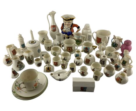 Quantity of Goss crested china including model of Queen Philippa's record chest found in Knaresborough castle, Toby jug, Eddy