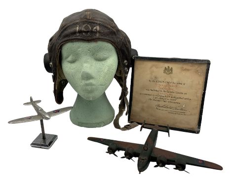 R.A.F. World War II flying helmet inscribed '194', Mention in Despatches certificate to Sergeant G.C.Mullings, Royal Air Forc