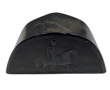 19th century French pressed horn snuff box in the form of a bicorn hat, the hinged lid depicting Napoleon of horseback, W8.5c