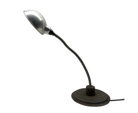 Mid 20th century industrial desk lamp with adjustable gooseneck stem with aluminium bowl shade and circular cast metal base, 