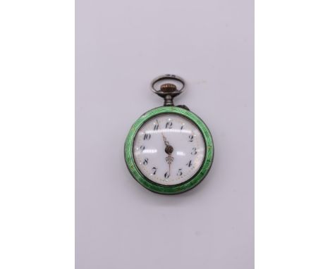 A silver and enamel stem wind fob watch,&nbsp;retailed by&nbsp;Dimier Bros &amp; Co Ltd, 2.5cm, import mark London 1909.&nbsp