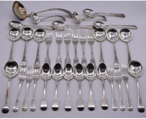 A small quantity of Georgian and Victorian silver fiddle pattern flatware, various makers and dates, 978g; together with a qu