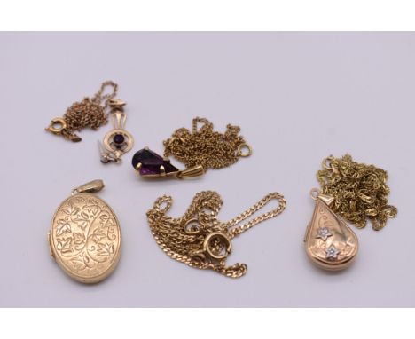 A pear cut amethyst pendant; together with two gold lockets; three gold chains, all hallmarked 9ct, 11.9g total weight; and a