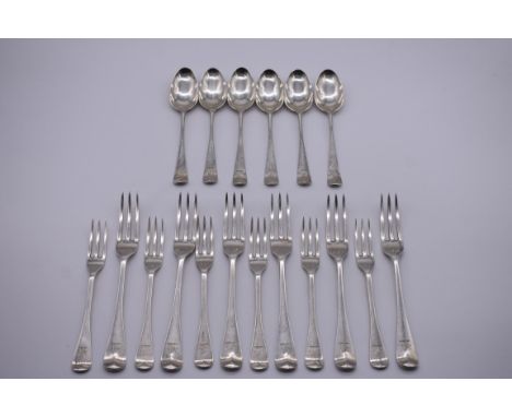 A part canteen of Edwardian silver Old English pattern flatware, by Robert Stebbings, London 1908, comprising six table forks