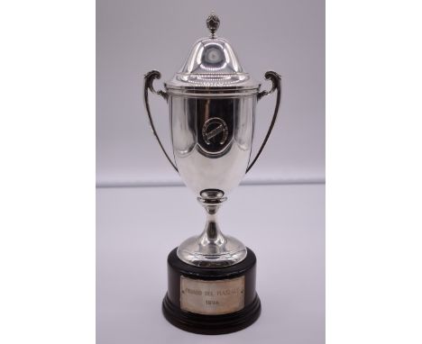 An Italian white metal twin handled trophy cup and cover, by R Miracoli, stamped 800, with cast applied 'Jockey Club' horsesh