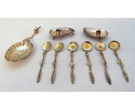 A quantity of continental white metal to include six Far Eastern teaspoons, a Dutch caddy spoon A/F and a pair of Danish silv