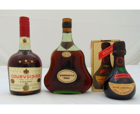 Courvoisier three star luxe 70 proof 24 fl oz, Hennessy XO cognac 70 proof 24 fl oz and Petite Liquorelle Petillante par Moel