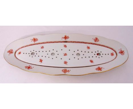 Herend Chinese bouquet orange Appoyni pattern oval fish platter warmer with detachable pierced liner, marks to the base, 61.5