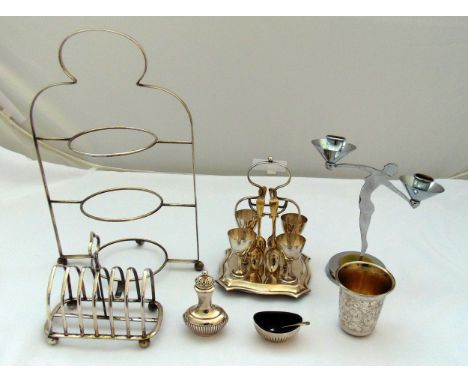A quantity of silver plate to include a Mappin and Webb toast rack, a kiddush cup, an egg cup and stand and plate stand