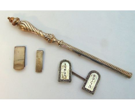 A quantity of hallmarked silver and white metal to include two engine turned money clips, a Judaica Tallit clip in the form o