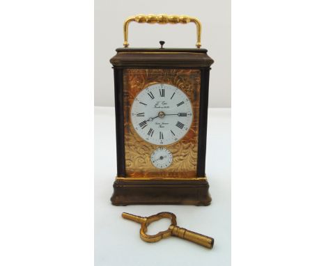 L'Epee brass repeating carriage clock, white enamel dial and subsidiary seconds dial to include key, 18 x 9.5 x 8.5cm
