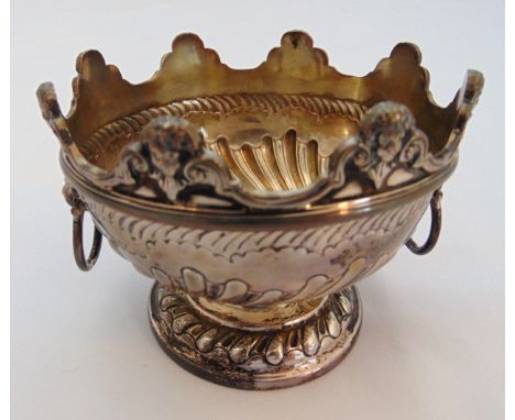 A hallmarked silver Monteith form sugar bowl with lion mask ring side handles on raised circular base, Sheffield 1905, approx