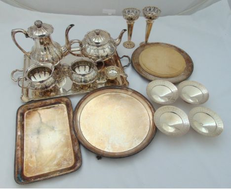 A quantity of silver plate to include a four piece tea and coffee set, trays, vases and bonbon dishes