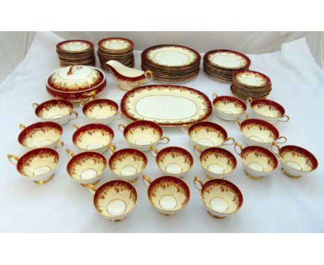Aynsley red and gold part dinner service to include plates, bowls, platters, a sauce boat and a covered tureen (90)