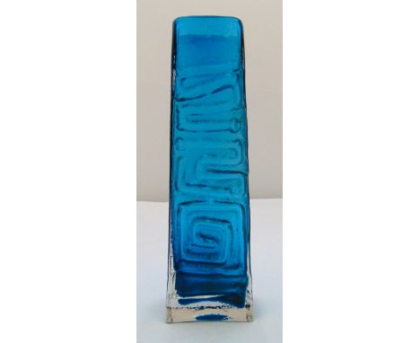 Whitefriars 9671 Kingfisher Blue totem pole vase pattern designed by Geoffrey Baxter, 26.5cm (h)