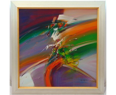 Mandy Wilkinson framed oil on canvas polychromatic abstract, signed bottom right, 76 x 76cm