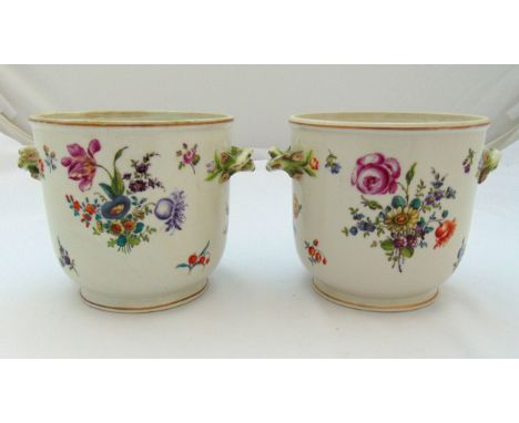 A pair of Dresden jardinières with stylised branch side handles decorated with flowers and leaves, marks to the bases, 17.5 x