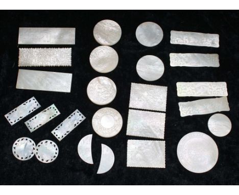 Collection of Chinese mother of pearl gaming counters; together with a mother of pearl card holder/notebook 