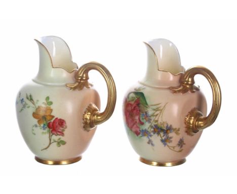 Two small Royal Worcester blush ivory flatback jugs, one with puce mark and one green mark to the underside, both reg no.2911