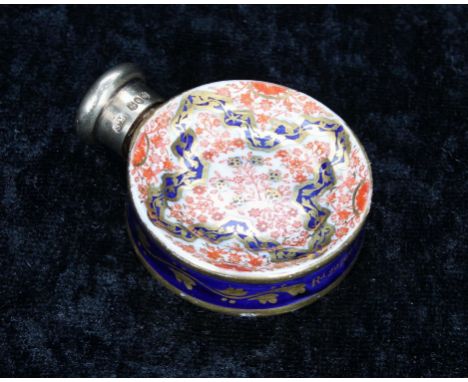 Victorian silver mount porcelain moon flask scent bottle,&nbsp;decorated in Imari pallete, RD number 29260 to the underside, 