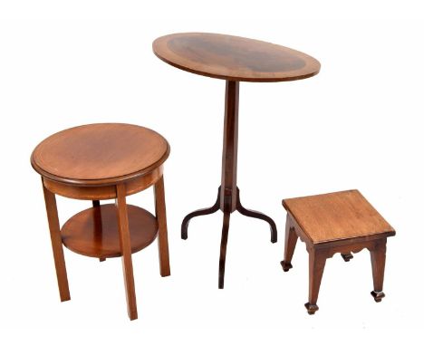 Mahogany oval inlaid tilt-top occasional tripod wine table, 21" x 14.5", 27" high; together with an Edwardian circular inlaid