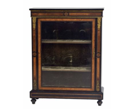 Victorian ebonised and walnut inlaid pier display cabinet, the glazed door enclosing green velour interior of two shelves, wi