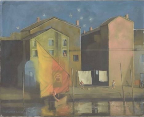 Richard Ewen (1928-2009) - urban landscape with children playing football beside buildings, clothes on a washing line nearby 