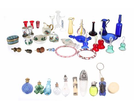 Collection of assorted miniature glass and porcelain items including Nailsea flasks, blue glass bottles and ewers, bowls, bel