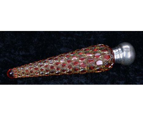 Victorian overlaid coloured cut glass silver mount teardrop scent bottle, the screw cover by Cornelius Desormeaux Saunders an