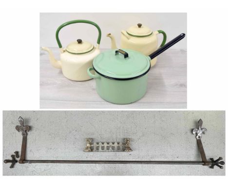 Large metal bar kitchen pot hanger, 83" long; together with a small front section of aniron fire grate and three enamel pots 