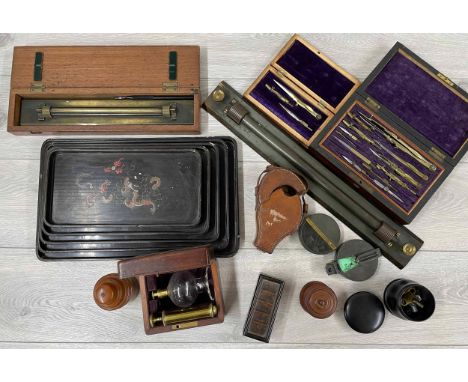 Selection of technical drawing apparatus, including cased set of various compass, two architects rolling rules, cased J. Hick