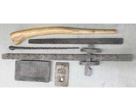 Interesting large carved wooden post, decorative Celtic decoration, possibly originally a post and latch, 64" long; together 