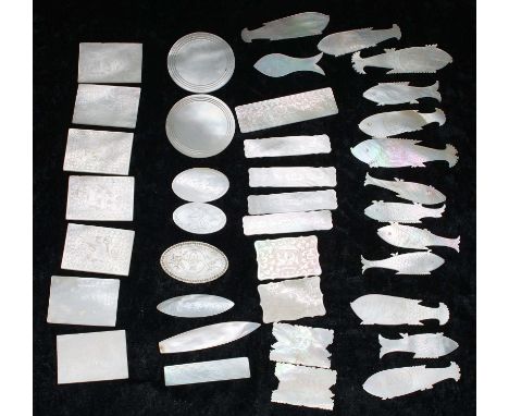 Collection of Chinese mother of pearl gaming counters, seven rectangular, fourteen fish shape; together with assorted further