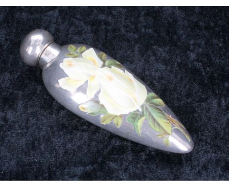 Victorian silver and enamel teardrop scent bottle,&nbsp;decorated with yellow roses, engraved monogram to the reverse, maker 