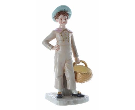Royal Worcester - a James Hadley design porcelain figure of a boy with basket, wearing a pale blue hat, modelled upon a natur